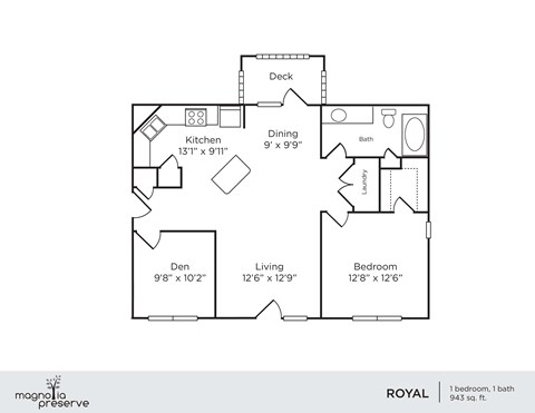 Floor plan for 1 bed, 1 bath, 943 sqft